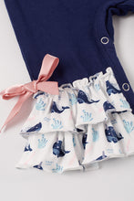 Navy whale applique ruffle baby romper