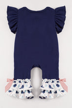 Navy whale applique ruffle baby romper