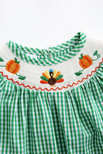Green plaid turkey & pumpkin smocked ruffle baby romper
