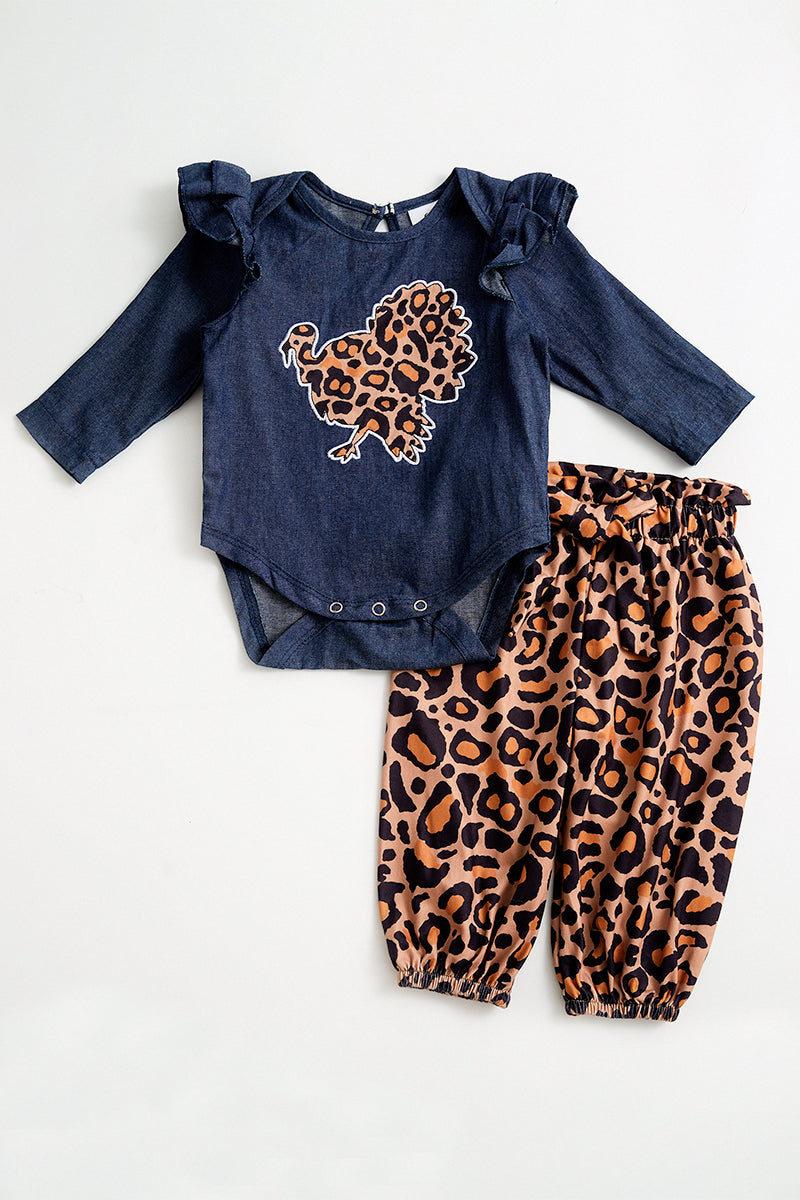 Denim blue leopard turkey baby outfit - ARIA KIDS