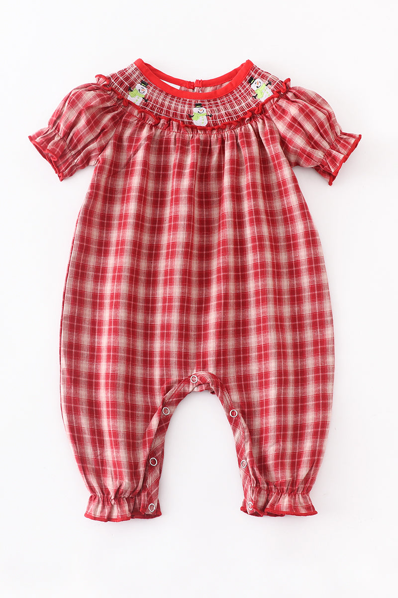 Red plaid snowman  smocked baby romper
