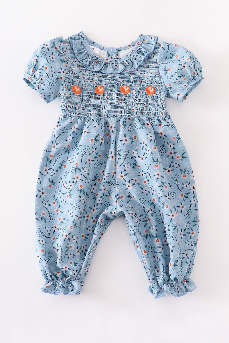 Blue floral smocked  puff sleeve ruffle baby romper - ARIA KIDS