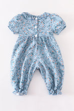 Blue floral smocked  puff sleeve ruffle baby romper - ARIA KIDS