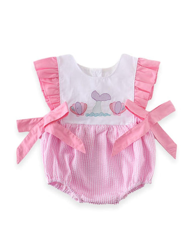 Seashells & Mermaid Tail Pink Stripes Smocked Baby Girl Bubble Romper - ARIA KIDS