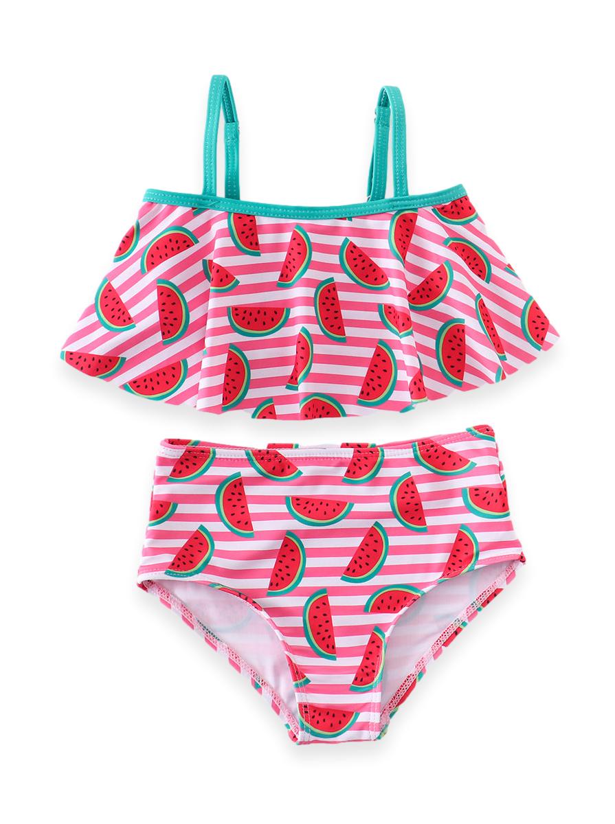 Pink & White Striped Watermelon Cold Shoulder Swim Set - ARIA KIDS