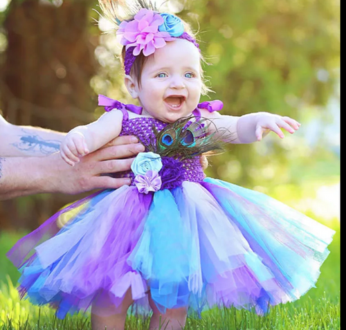 Peacock Baby Photo Shoot Prop 2-Piece SET with Feather Hairband - ARIA KIDS