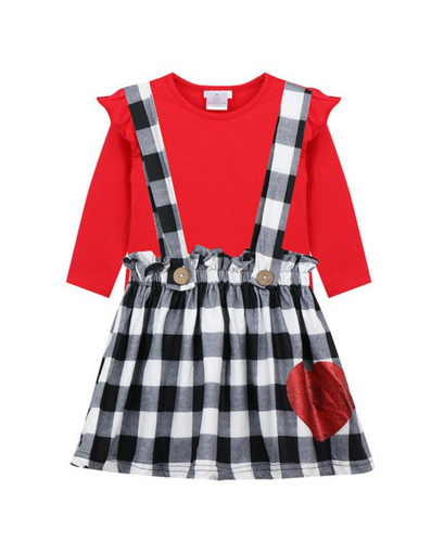 Red Top, Black & White Plaid Suspender Skirt Set - ARIA KIDS