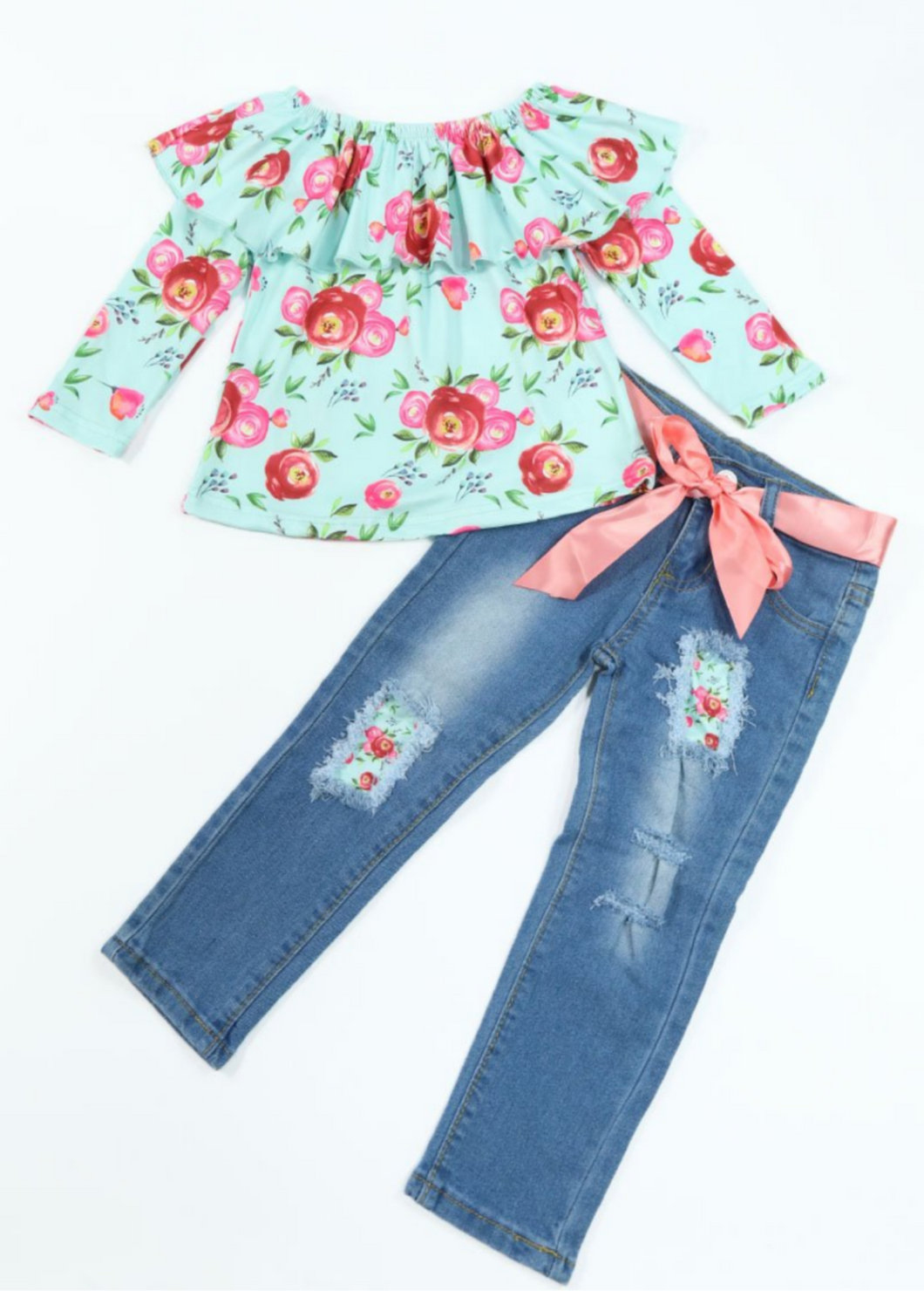 Cassidy Mint Floral Ruffle Top & Denim Pants Set - ARIA KIDS