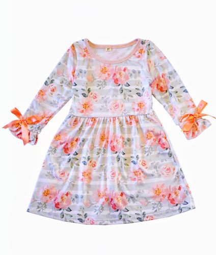 Hannah Peachy Pink Floral Stripe Dress - ARIA KIDS