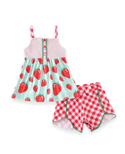 Strawberry Polka Dot Top + Gingham Plaid Shorts Set - ARIA KIDS