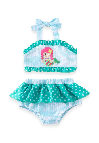 Teal Blue Mermaid Seersucker Polka dot Halter Top Girls Swim Set - ARIA KIDS