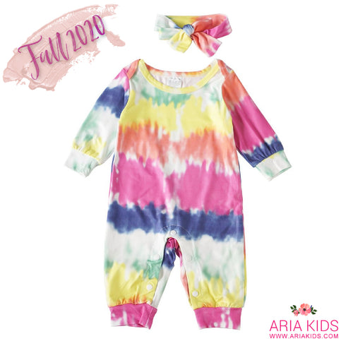 Tie Dye Watercolor Romper with Hairband - ARIA KIDS