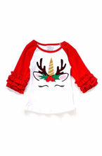 Unicorn Deer Christmas Holly Berry Ruffle Raglan (2T, 3T, 8) - ARIA KIDS