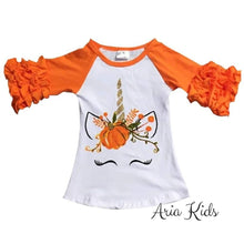 Unicorn Pumpkin Harvest Ruffled Fall T-shirt - Orange - ARIA KIDS