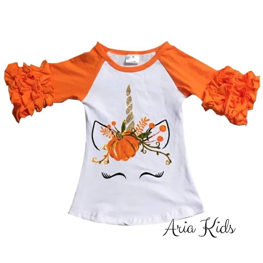 Unicorn Pumpkin Harvest Ruffled Fall T-shirt - Orange - ARIA KIDS