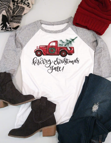 Merry Christmas Y'all Ladies Raglan Shirt - In stock! - ARIA KIDS