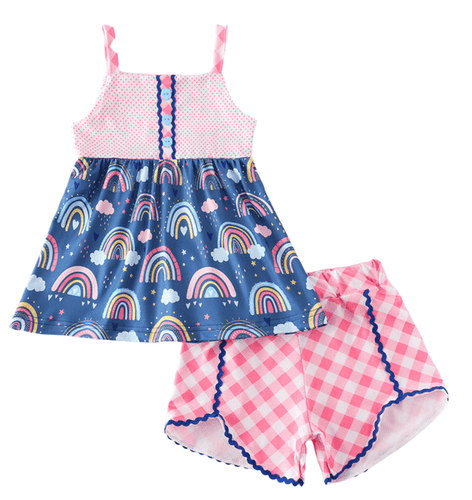 Blue Rainbow Pink Gingham Plaid Shorts Set - ARIA KIDS