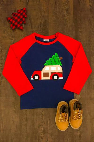 Christmas Tree Truck Unisex Raglan Shirt - Red/Navy - ARIA KIDS