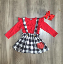 Red Top, Black & White Plaid Suspender Skirt Set - ARIA KIDS