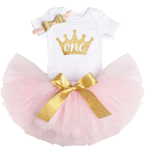 Princess Crown ONE - 1st Birthday Party Baby Girl Tutu Cake Smash Outfits 3-Pc Set - ARIA KIDS