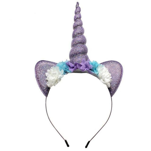 Violet Unicorn Party Floral Headband with Glitter Ears - ARIA KIDS