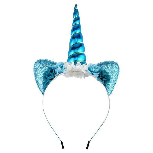 Blue Frozen Inspired Unicorn Party Headband with Glitter Ears - ARIA KIDS