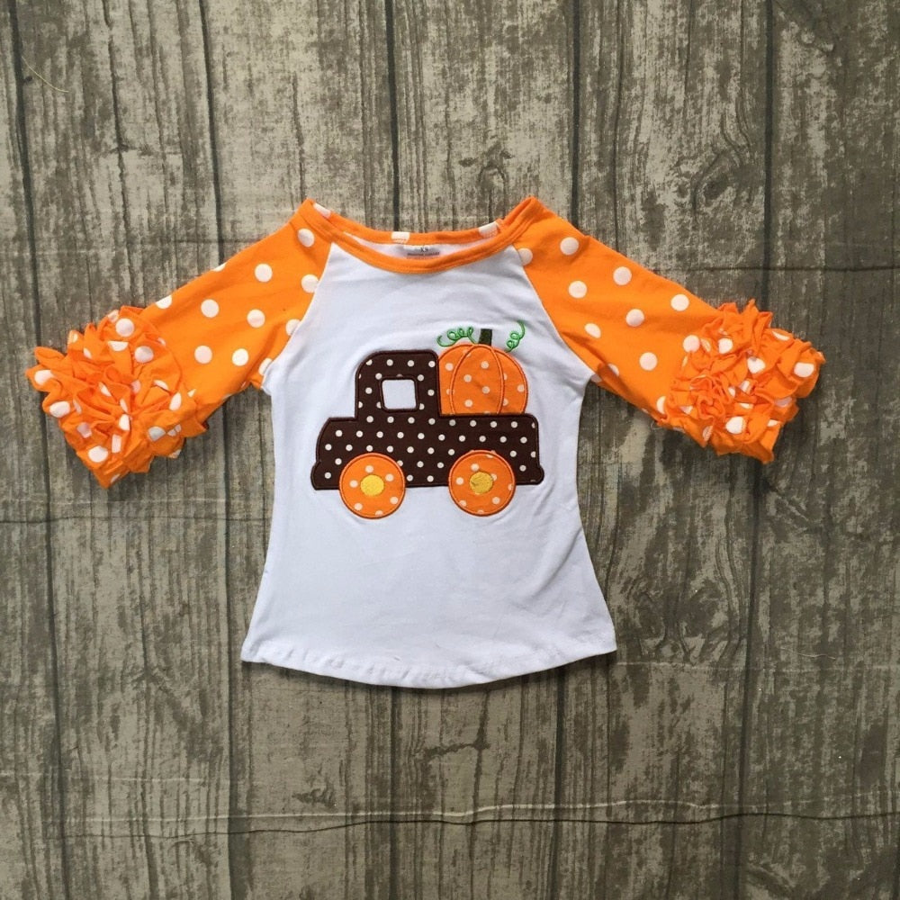 Pumpkin in a Truck Polka Dotted Raglan Icing Fall T-Shirt - ARIA KIDS